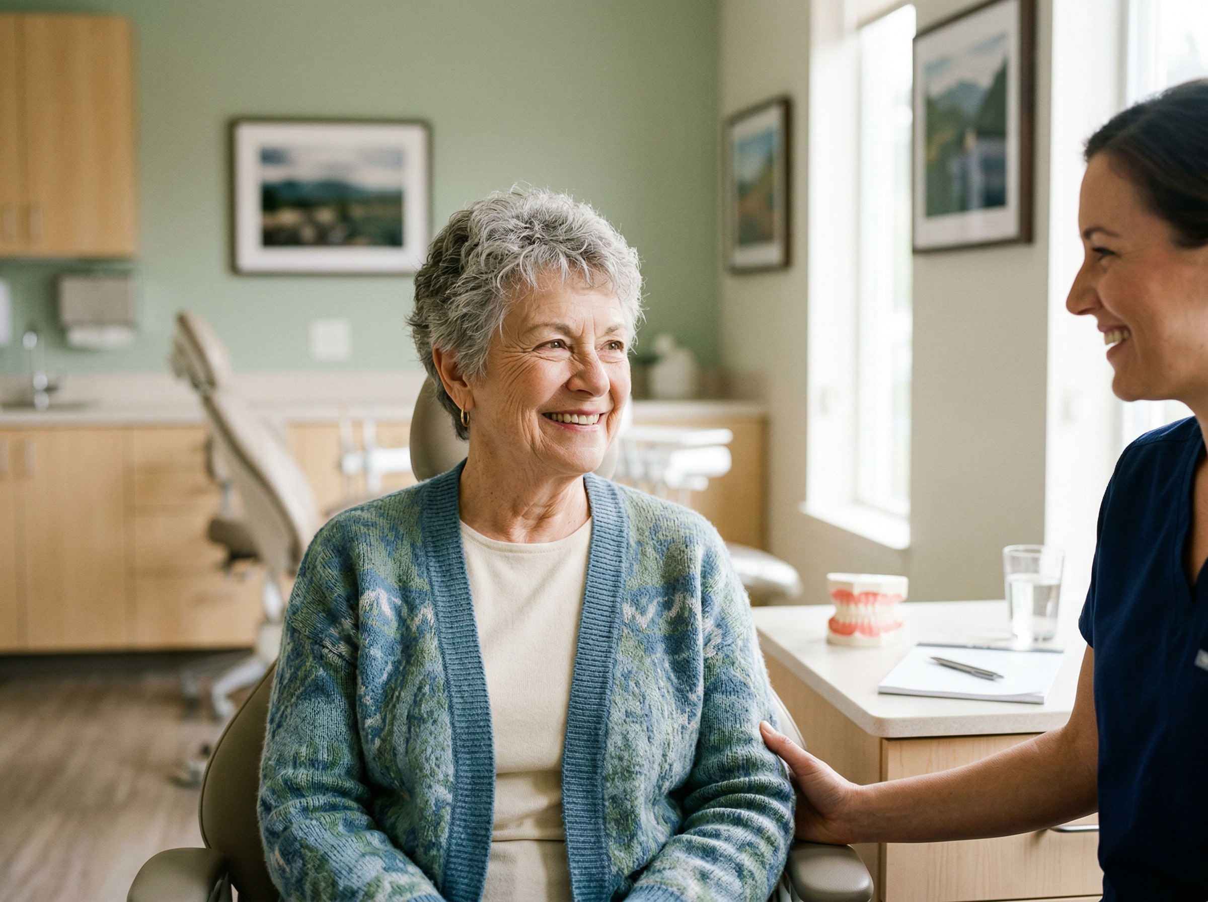 Senior patient smiling during a dentures consultation