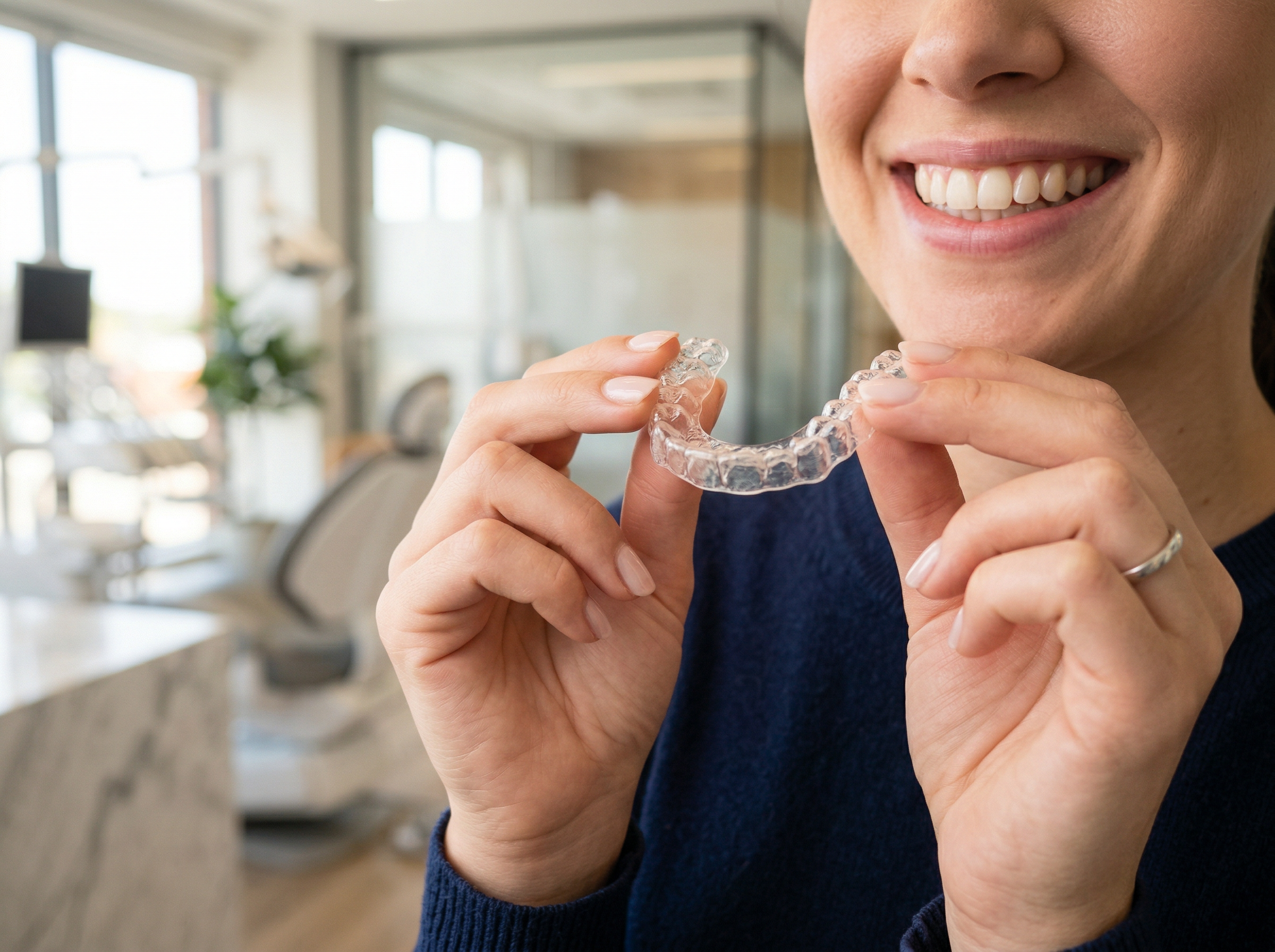 Person holding a clear Invisalign aligner